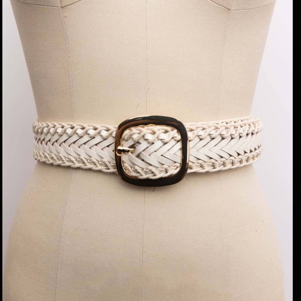 White Crochet Trimmed Woven Leather Belt